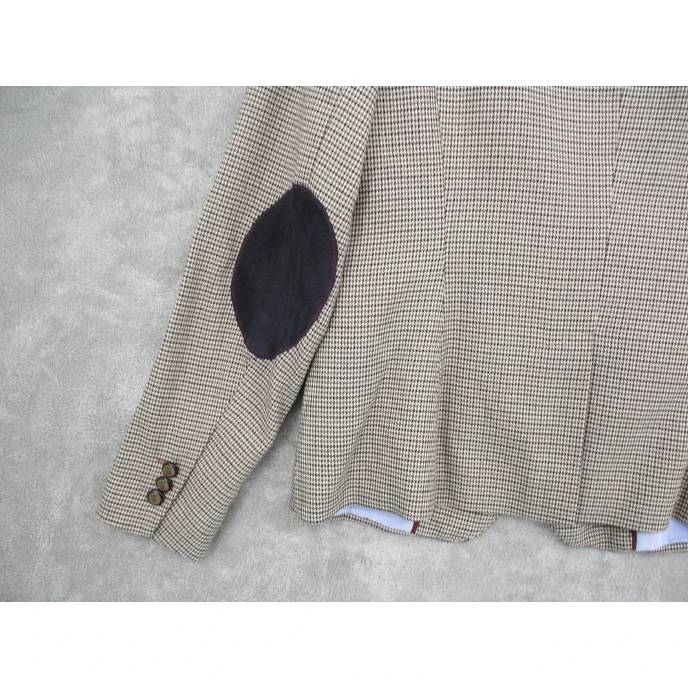 British Khaki Blazer Womens Medium Houndstooth Elbow Patch Academia Preppy Lined - Picture 6 of 10